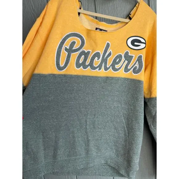 Green Bay Packers Colorblock Slouchy Oversized Crewneck, Off Shoulder, LG - Picture 3 of 6